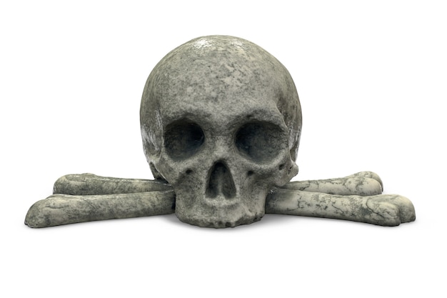 D render de calavera de piedra y tibias cruzadas aislado en blanco