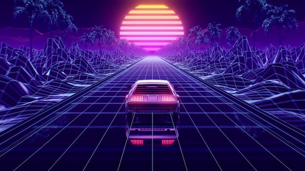 D render carro neon estilo de onda retro s