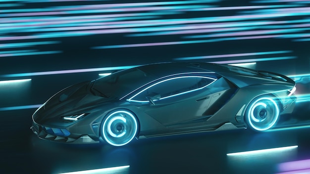 D render, un coche de neón cibernético deportivo se apresura a lo largo de la carretera nocturna con luces de neón a alta velocidad