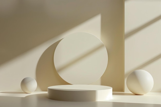 D render de um pódio circular minimalista cercado por formas geométricas flutuantes branco suave