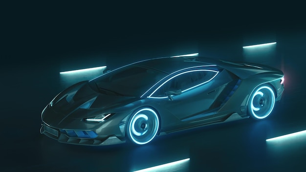 D render deportivo cyber neon car se apresura en la carretera nocturna con luces de neón