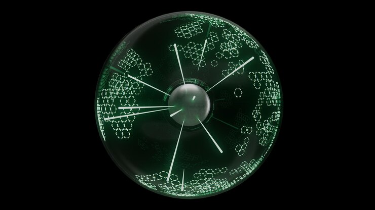 D render energía pulsante bola verde neón sobre fondo negro