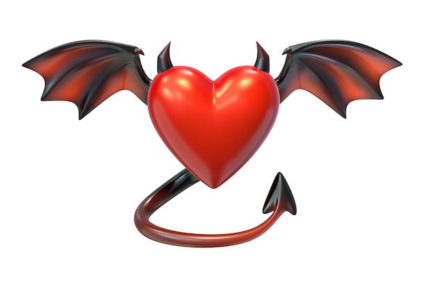 D Render de forma de corazón rojo con alas de diablo aislado sobre fondo blanco.