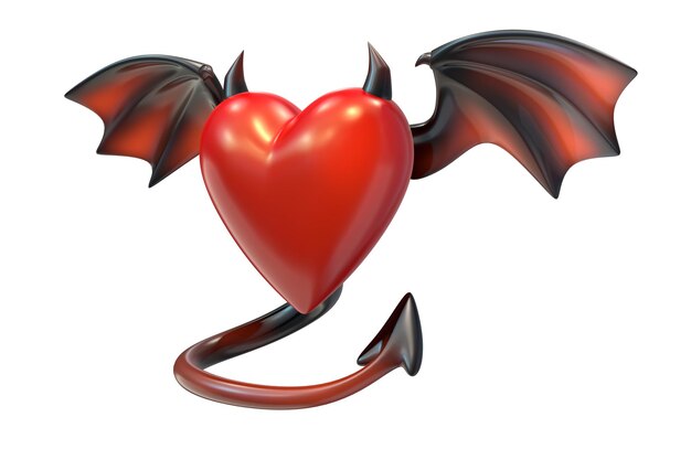 D Render de forma de corazón rojo con alas de diablo aislado sobre fondo blanco.