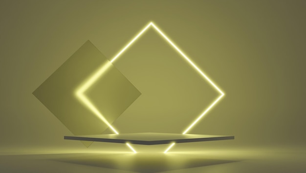 D render gelbe plattform mit neon glänzenden und transparenten glasringen geometrische formen zusammensetzung