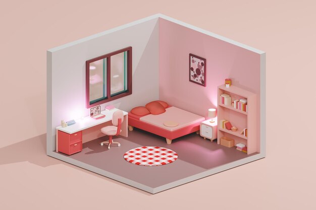 D render low poly de dormitorio moderno con lámparas brillantes y vista isométrica de color rosa