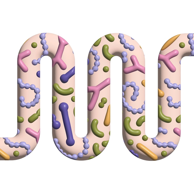 Foto d render pancarta de microbioma intestinal con tripas abstarct microbiota de intestino humano con probiótico saludable