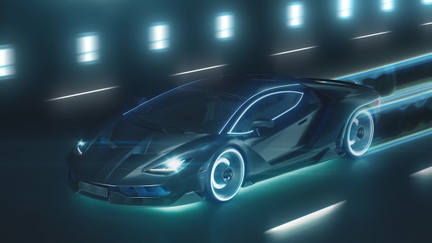 D-Render-Sport-Cyber-Neon-Auto rauscht auf der Nachtstraße mit Neonlichtern