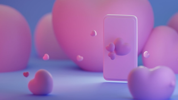 D render de teléfono móvil con corazón y amor sobre fondo de color azul vacaciones de San Valentín