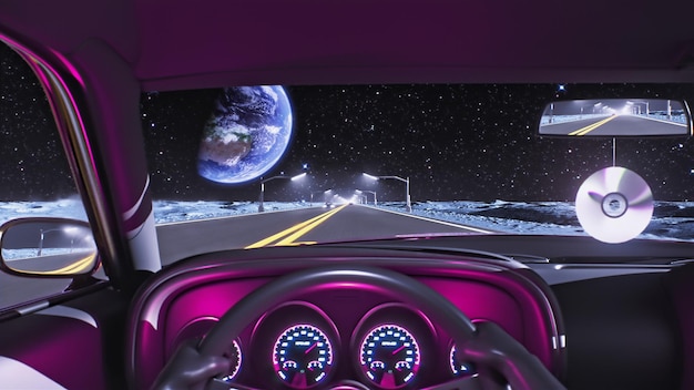 D render vista desde el interior de un coche en la carretera de la luna con vistas al espacio exterior con el planeta Tierra