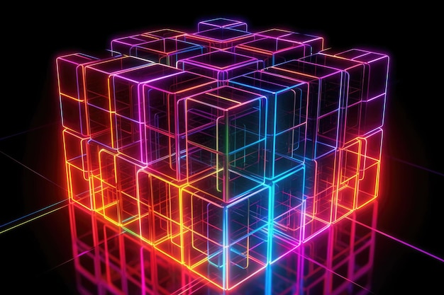 Foto d-rendering einer lebendigen neonwürfelmatrix, die mit generativer ki erstellt wurde