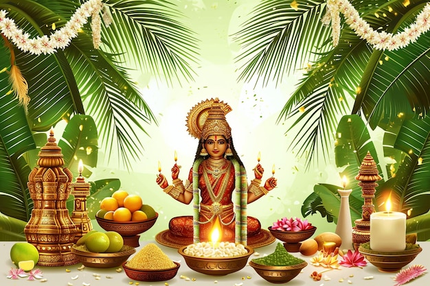 D-Rendering von Pongal-Festival-Elementen auf pastellgrünem Hintergrund mit Kopierraum