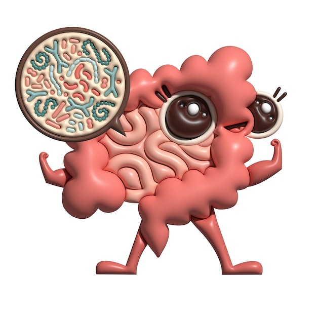 D renderiza vírus microscópicos da microflora de boas bactérias no volume do personagem de desenho animado do intestino ilustrado