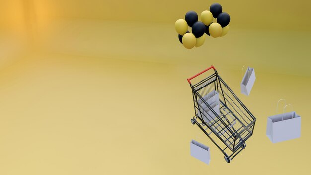 D renderização carrinho de compras espaço de cópia de fundo amarelo compras e sacolas de compras