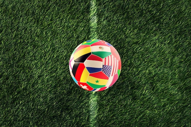 D renderização de bola de futebol com bandeiras nacionais de times