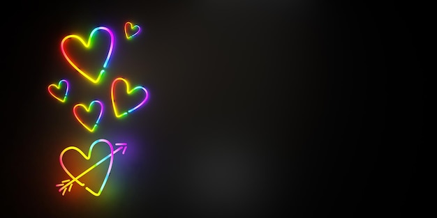 D renderização de corações brilhantes coloridos neon