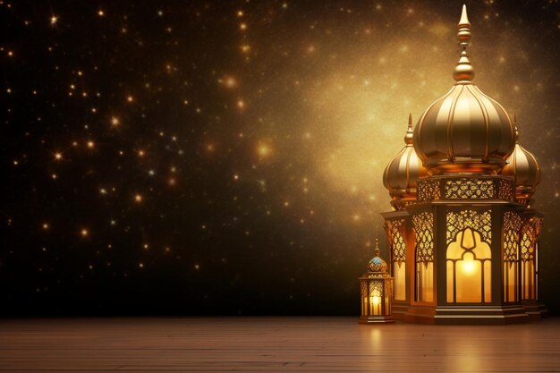 d renderização de ramadan kareem com lua crescente e luzes