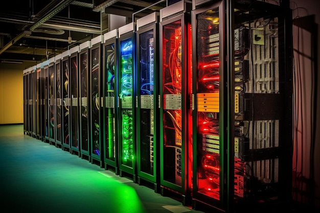 Foto d renderização de um data center moderno e escuro de sala de servidores no centro de armazenamento