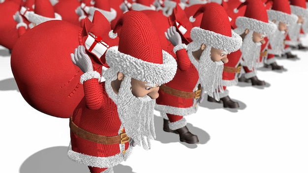 D renderização exército de papai noel carrega sacos de presentes d renderização