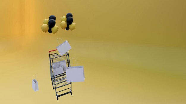 D renderizado carrito de compras fondo amarillo espacio de copia compras y bolsas de compras