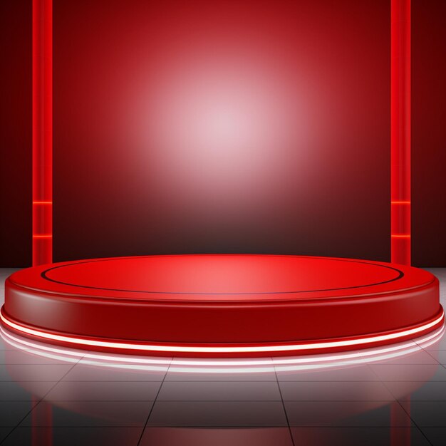 Foto d representação de um pódio branco com luzes vermelhas em torno dele sobre um fundo vermelho