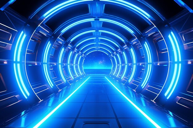 d representación abstracta del fondo de un túnel circular futurista con luces azules de neón brillantes