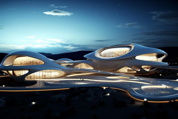 d representación de la arquitectura de hormigón futurista con estacionamiento