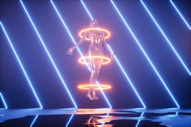 D representación de humanos dentro de círculos mágicos levitando sobre charcos en escena de ciencia ficción