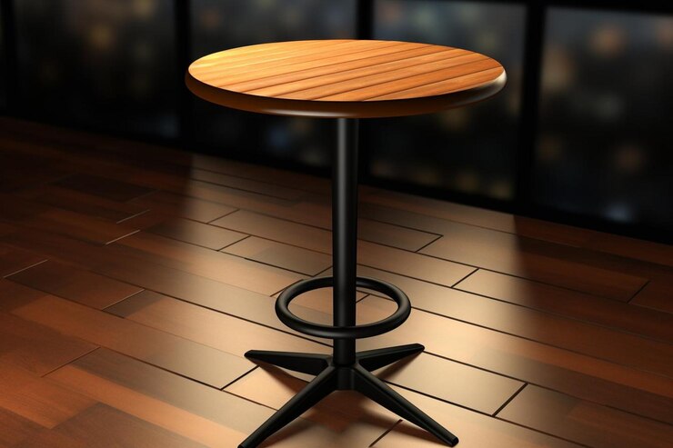 Foto d representación de una mesa de madera contra un fondo metálico