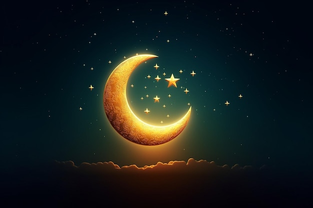 d representación de ramadán kareem con luna creciente y luces