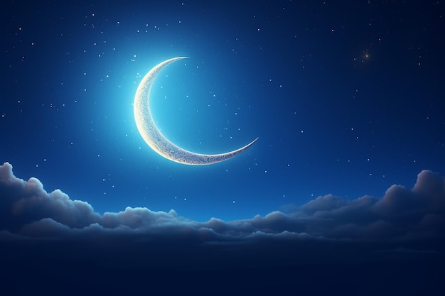 d representación de ramadán kareem con luna creciente y luces