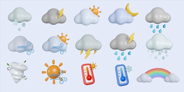 D tempo conjunto emoji ícone nuvem com sol crescente lua relâmpago chuva vento e neve desenho animado criativo