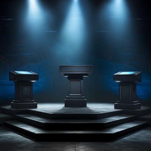 Foto d tres podios para la presentación de productos con círculo de luz