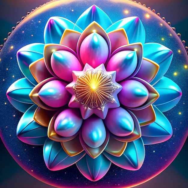 D yk holo cromo elemento flor oriental brillante forma abstracta representación metálica cromo con muchos pétalos