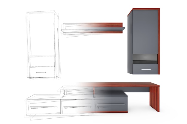 Da ideia de desenho de mão de esboços à unidade de parede de sala de estar moderna em um fundo branco. Renderização 3D.