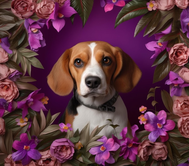 Da ist ein Hund, der in einem Kranz aus generativen Blumen sitzt