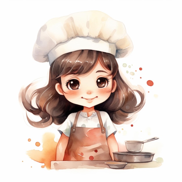 Da ist ein Mädchen mit Kochmütze und Kochschürze mit einer Schüssel Suppe