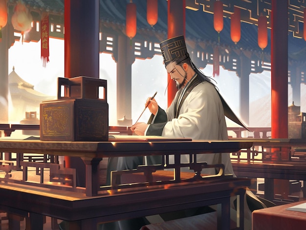 Da ist ein Mann, der in einem chinesischen Tempel mit vielen Laternen schreibt, generative KI