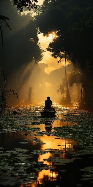 Da ist ein Mann in einem Boot auf einem Fluss, und die Sonne scheint durch die Bäume. Generative KI