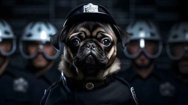 Da ist ein Mops, der eine Polizeiuniform und einen Hut trägt. Generative KI