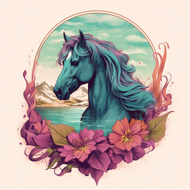 Da ist ein Pferd mit blauer Mähne und Blumen um ihn herum.