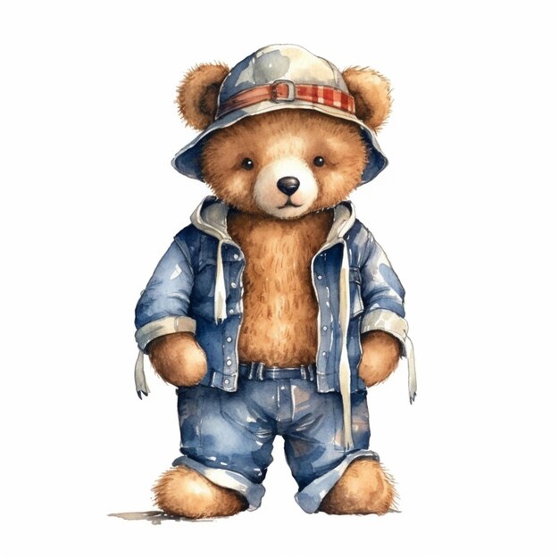 Da ist ein Teddybär, der eine Jacke und Jeans trägt