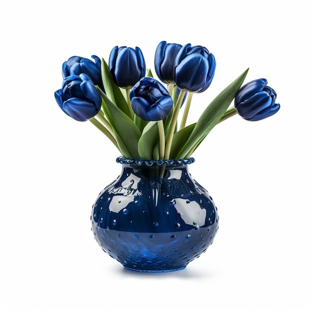 Da ist eine blaue Vase mit blauen Blumen drin.