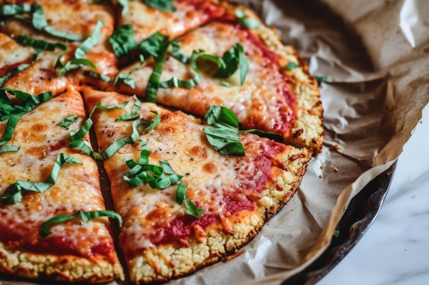 Da ist eine Pizza mit Tomaten und Basilikum drauf.