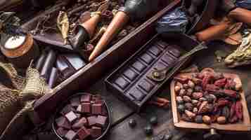 Foto da matéria-prima ao chocolate de luxo na mesa de produção ia generativa