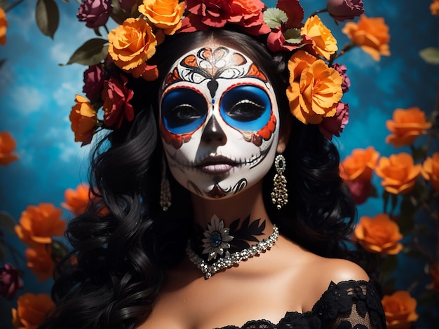 Da de los muertos Día de los Muertos Mujer con maquillaje de calavera de azúcar sobre un fondo floral Halloween