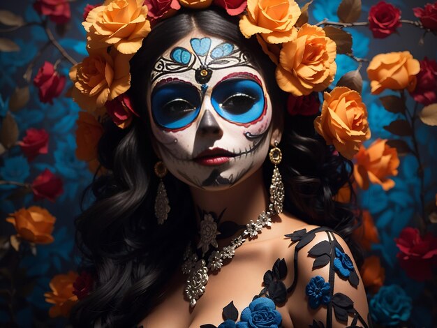 Da de los muertos Día de los Muertos Mujer con maquillaje de calavera de azúcar sobre un fondo floral Halloween