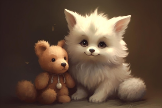 Da sitzen ein weißer Hund und ein brauner Teddybär nebeneinander