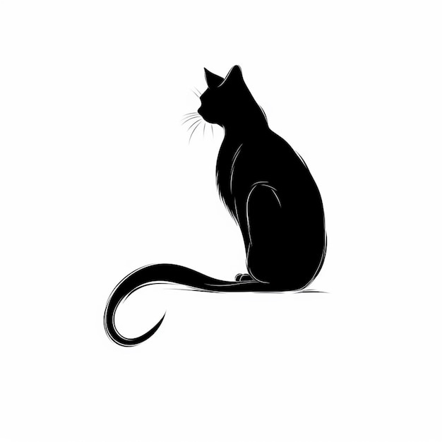 Da sitzt eine schwarze Katze auf dem Boden und schaut nach oben.
