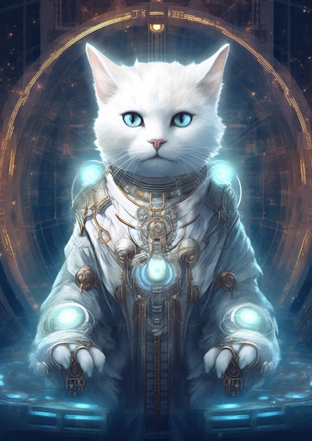 Da sitzt eine weiße Katze mit blauen Augen in einem Raumanzug mit generativer KI